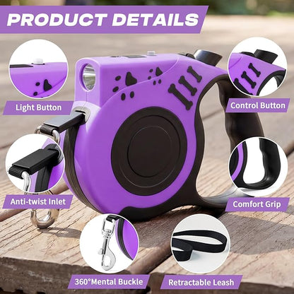Retractable Dog Leash with USB Rechargeable Flashlight for Night Walks, 16FT Automatic Telescopic Tractor Dog Leash for Small and Medium Dogs, Purple
