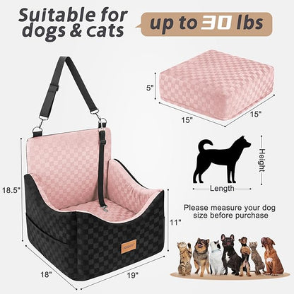 JOEJOY Elevated Dog Car Seat for Small/Medium Dogs up to 35 lbs, Memory Foam Booster Seat with Detachable Washable Cover, Travel-Safe Car Bed with Safety Belts & Storage Pockets, Pink