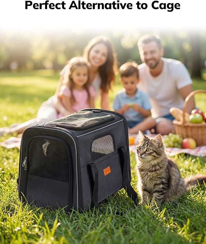 Morpilot Pet Carrier for Large Cats, Puppies & Small DogsUp to 25lbs, Escape-Proof with Locking Zippers, Dual-Sided Cushion, Safety Buckle for Car & Vet Travel, Includes Foldable Bowl (Dark Gray)