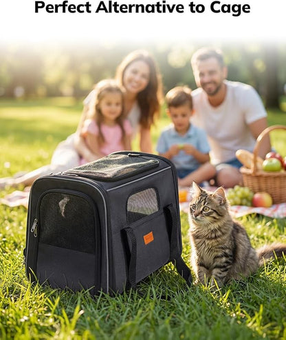 Morpilot Pet Carrier for Large Cats, Puppies & Small DogsUp to 25lbs, Escape-Proof with Locking Zippers, Dual-Sided Cushion, Safety Buckle for Car & Vet Travel, Includes Foldable Bowl (Dark Gray)