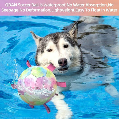 QDAN Extra Large Dog Toys Soccer Ball for Extra Large Dogs - Durable Dog Ball for Beach Pool Water Toy, Interactive Tug of War, Puppy Birthday Gifts, Rainbow (9 Inch)