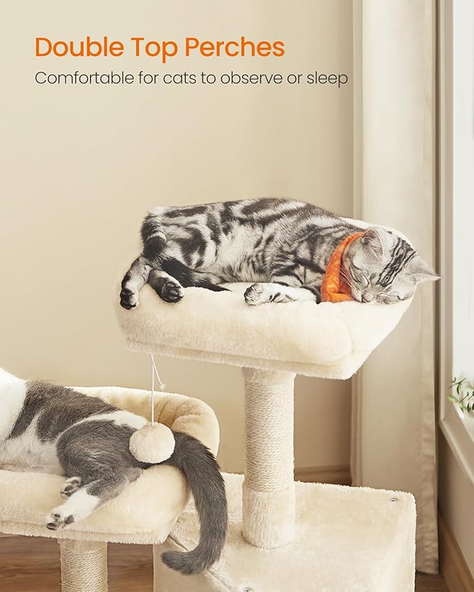 Feandrea Cat Tree, 45.3-Inch Cat Tower, Plush Condo with Scratching Post, Ramp, Perch, Spacious Cave, for Small Space, Beige UPCT141M01