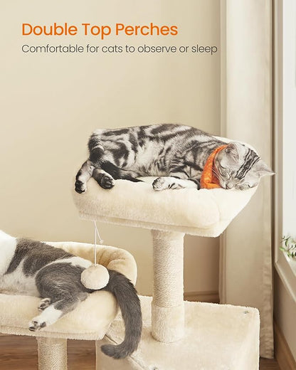 Feandrea Cat Tree, 45.3-Inch Cat Tower, Plush Condo with Scratching Post, Ramp, Perch, Spacious Cave, for Small Space, Beige UPCT141M01