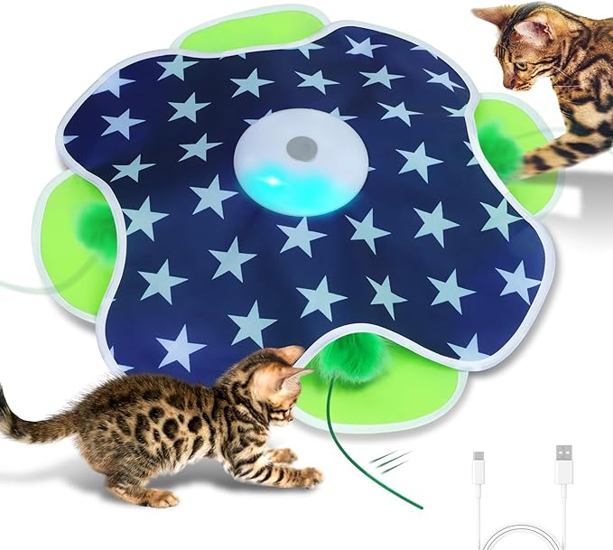 Interactive Cat Toys with Moving Feather Concealed in Mat, Motion Activated, Mouse Squeaky, Rechargeable Cat Exercise Toys for Bored Cats