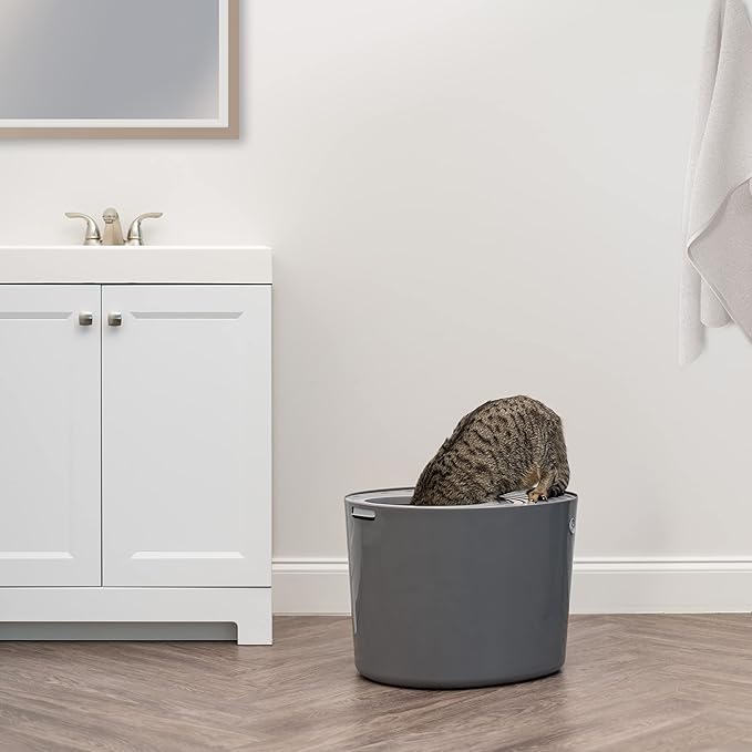 IRIS USA Large Top Entry Cat Litter Box Made in USA, Covered Enclosed Design with Lid, Litter Catching Grooved Top, Scatter Shield, Dog Proof, Scoop Included, Odor Control, Dark Gray/White