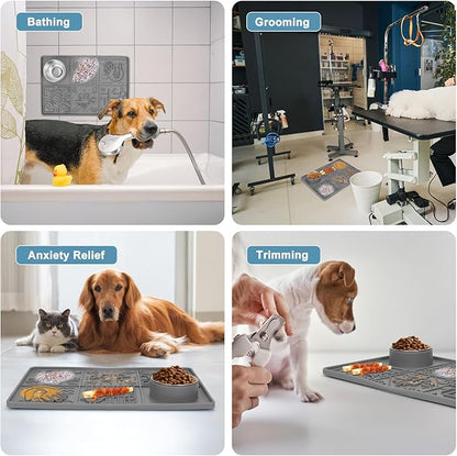 Lick Mat for Dogs Large Breed,Silicone Dog Licking Pad with Strong Suction Cups&Stainless Steel Bowl for Dog Anxiety Relief,Dogs Enrichment Toys for Bathing,Grooming,Training Grey