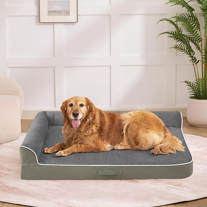 Dog Bed Large Sized Dogs, XL Orthopedic Dog Bed for Large Dogs 42"x30"x7.5", Waterproof Pet Bed with Washable Removable Cover, L-Shaped Pet Couch with Portable Handle, Olive Green