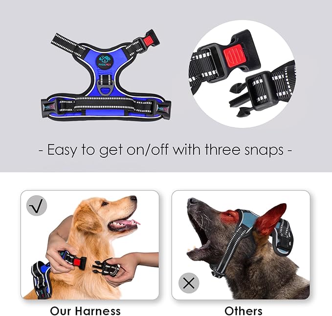 PHOEPET No Pull Dog Harness Medium Reflective Front Clip Vest with Handle,Adjustable 2 Metal Rings 3 Buckles,[Easy to Put on & Take Off](M, Royal Blue)