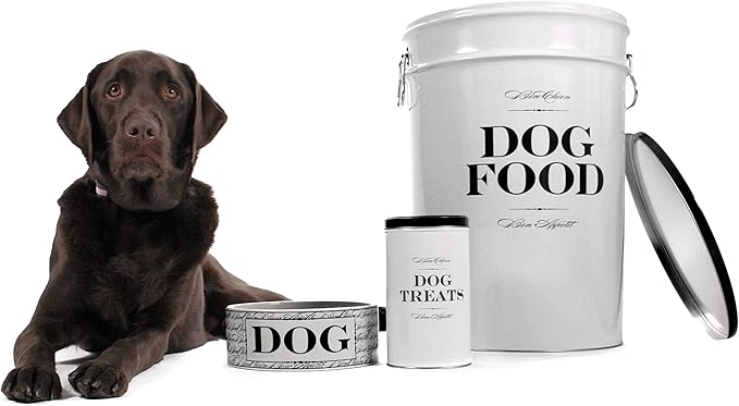 Harry Barker Bon Chien Dog Food Storage Canister – Medium 6.5 gallons, Airtight Stainless Steel Pet Food Container, Stylish Kitchen Counter Dog Kibble Storage with Easy-Open Lid - White