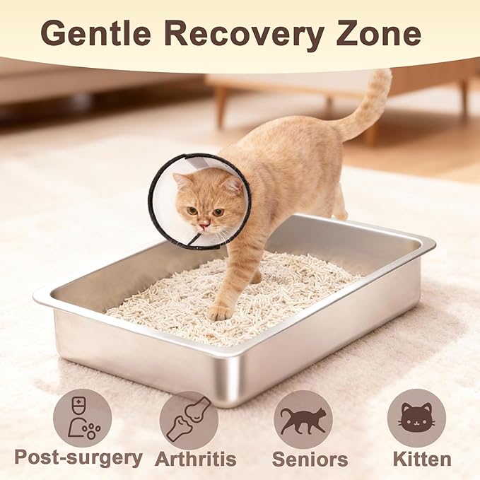 Low Entry Stainless Steel Litter Box for Kitten, Small Shallow Metal Litter Pan Tray for Rabbits Hamsters, Easy to Clean Pet Bathroom Accessories-15.75''Lx 11.81'' W x4'' H