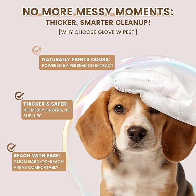 50 Pcs Cleaning Deodorizing Pet Glove Wipes for Dogs & Cats, Hypoallergenic Dog Bath Wipes with Natural Deodorizer Persimmon Tannin, Pet Bathing Wipes for Horse Coat Care Coconut Scent