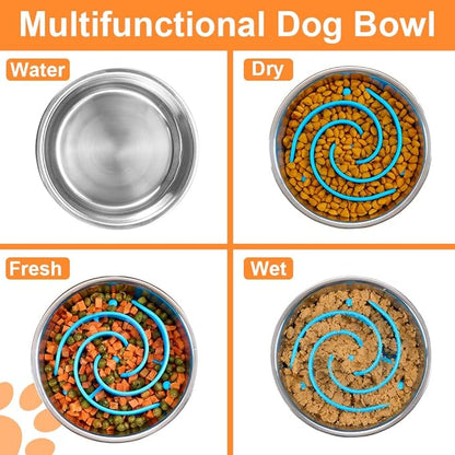 2-in-1 Metal Dog Bowl with Slow Feeder Insert, Stainless Steel Dog Bowls Food Grade 304, Water Food Bowl with Anti-Slip Silicone Base for Small, Medium, Large Dogs