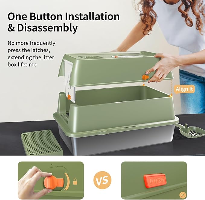 Stainless Steel Cat Litter Box with Lid, XL Large Enclosed High Sided Litter Box with Removable Lid, Carbon Filters -Odor Free, Easy Cleaning, Anti-Urine Leakage for Big Cats -Green