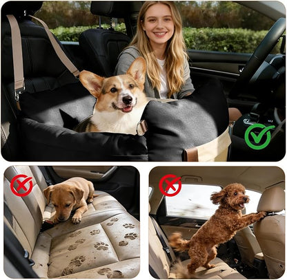 Dog Car Seats for Small Dogs, 2-in-1 Pet Booster Seat with Side-Zip Expandable Bed, Handles and a Storage Pocket, Clip-On Safety Leash and PP Cotton Filling, Vehicle Bed for Puppy up to 25 lbs (Black)