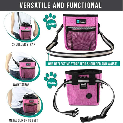PetAmi Dog Treat Pouch, Pet Treat Pouch for Training, Dog Walking Bag Holder for Kibbles, Pet Food Toy, Dog Trainer Essentials Supplies, Poop Bag Dispenser, 3 Ways to Wear (Pink)
