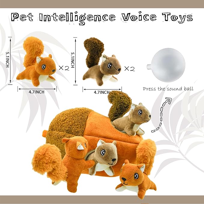 Hide and Seek Dog Toys Squeaky Lying Squirrels Plush Toy with Crinkle Nut, Interactive Dog Toy to Keep Them Busy Pet Teeth Clean Chew Toys for Small & Medium Dogs