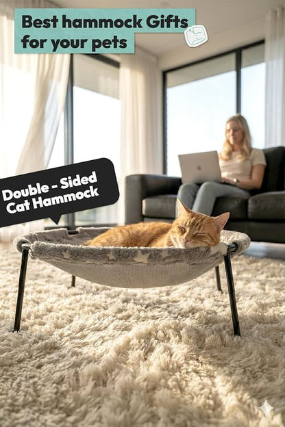 Elevated Cat Bed, Glow-in-The-Dark Fabric Cat Hammock Bed for Large Indoor Cats, Machine Washable & Breathable Cover, Tool Free Easy Assembly, up to 66Lbs (Gray, L)