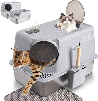 Stainless Steel Litter Box with Lid,Extra Large Enclosed cat Litter Box, Metal litterbox with Flip Top,Front and Top Entry,Anti-Leakage,Easy Cleaning,Includes Carbon Filters & Scoop & Mat
