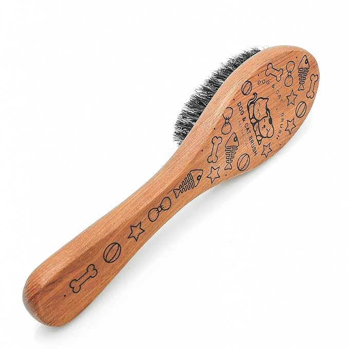 Pet Soft Brush with Wood Handle and Boar Bristle Hair - Soft Cat and Dog Grooming Brush for Short Hair Cats and Small Dogs - Gentle Massage and Dandruff Removal (Cat)
