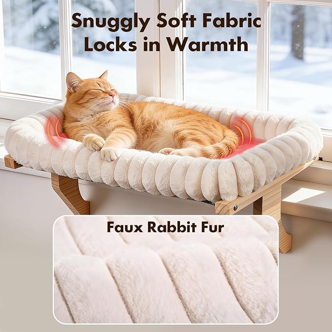 Cloud-Cuddle Cat Perch for Window Sill with Bolster, Natural Wood & Metal Frame Cat Window Seat for Large Cats, Easy to Adjust Zipper Cushion Pet Bed for Windowsill (Large)