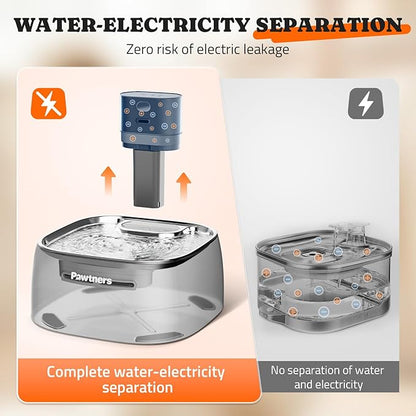 Pumpless Cat Water Fountain Stainless Steel, Automatic Cordless Cats and Dogs Water Dispenser 108oz/3.2L, Pawtners Battery Operated Pet Fountain with Smart Indicator &150° Motion Sensor