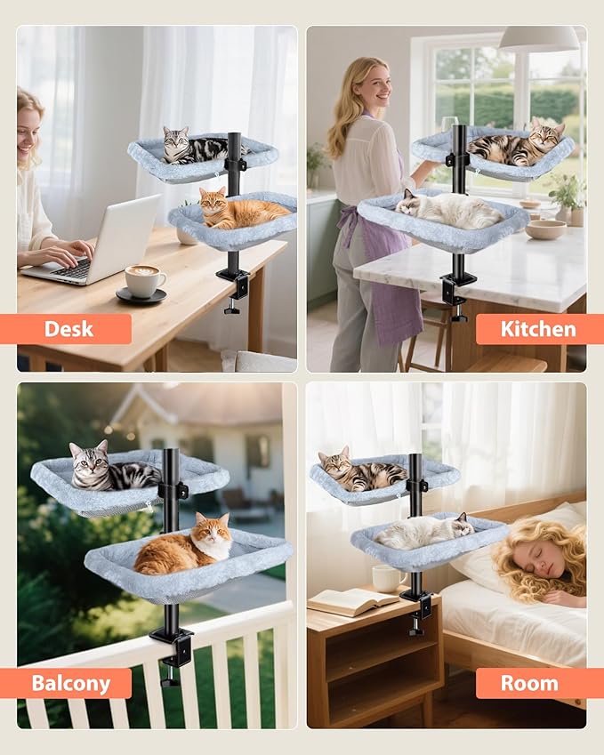 L&W BROS. Double Layer Cat Desk Bed – Adjustable Desk Perch with Metal Frame, 45LB/Layer, Washable Covers, for Multi-Cat Homes