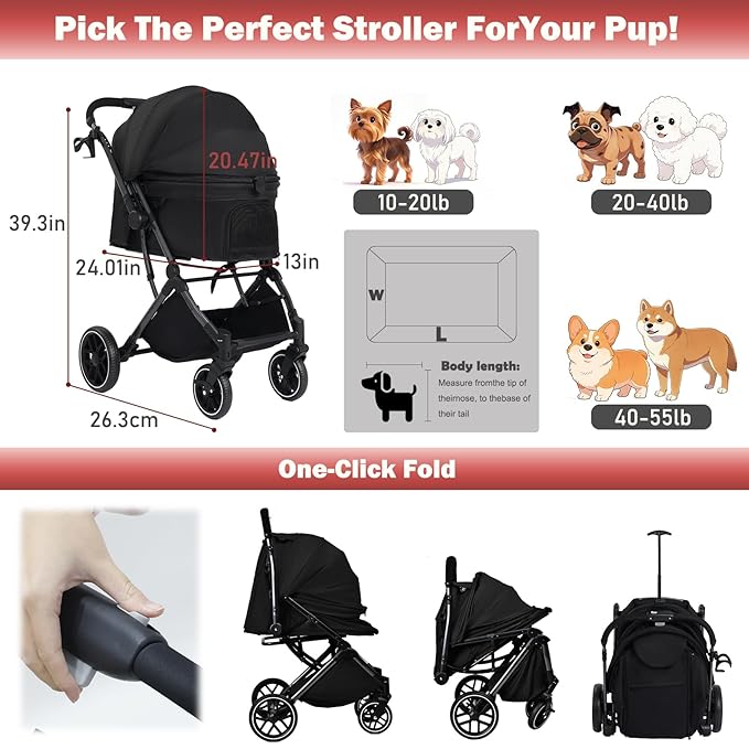 Small Dog Stroller, Pet Stroller for Small Dogs up to 55lbs- Fold All in One Without Detaching Carrier, Cat Stroller with Reversible Handle,Cup Holder (Black)