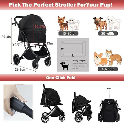 Small Dog Stroller, Pet Stroller for Small Dogs up to 55lbs- Fold All in One Without Detaching Carrier, Cat Stroller with Reversible Handle,Cup Holder (Black)