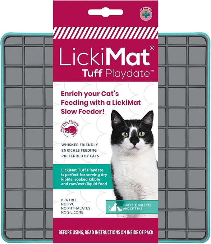 LickiMat Tuff Cat, Heavy-Duty Playdate, Cat Slow Feeder Lick Mat, Boredom Anxiety Reducer; for Food, Treats, Yogurt, or Peanut Butter. Fun Alternative to a Slow Feed Cat Bowl or Dish, Turquoise