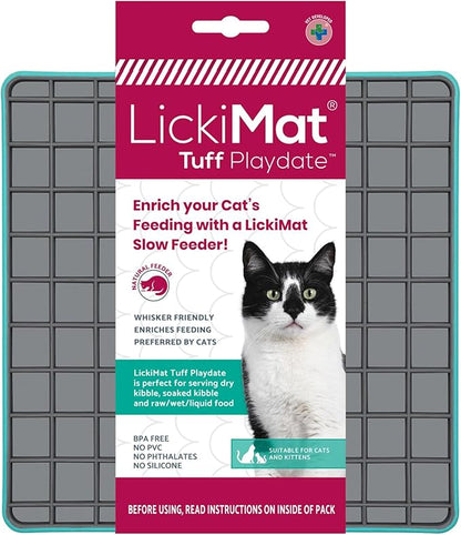 LickiMat Tuff Cat, Heavy-Duty Playdate, Cat Slow Feeder Lick Mat, Boredom Anxiety Reducer; for Food, Treats, Yogurt, or Peanut Butter. Fun Alternative to a Slow Feed Cat Bowl or Dish, Turquoise