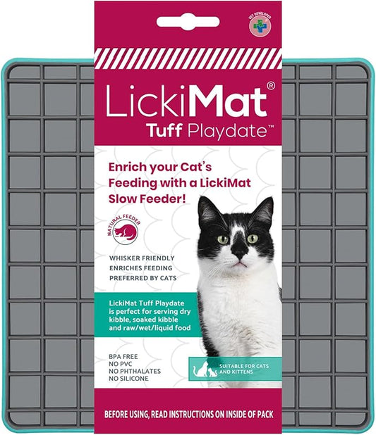 LickiMat Tuff Cat, Heavy-Duty Playdate, Cat Slow Feeder Lick Mat, Boredom Anxiety Reducer; for Food, Treats, Yogurt, or Peanut Butter. Fun Alternative to a Slow Feed Cat Bowl or Dish, Turquoise