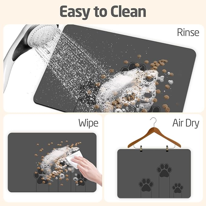 gogofree 16"×20" Gray Pet Feeding Mat, Absorbent Pet Placemat for Food and Water Bowl, Quick Dry Water Dispenser Mat for Dog and Cat, Non-Slip Mat for Messy Drinkers