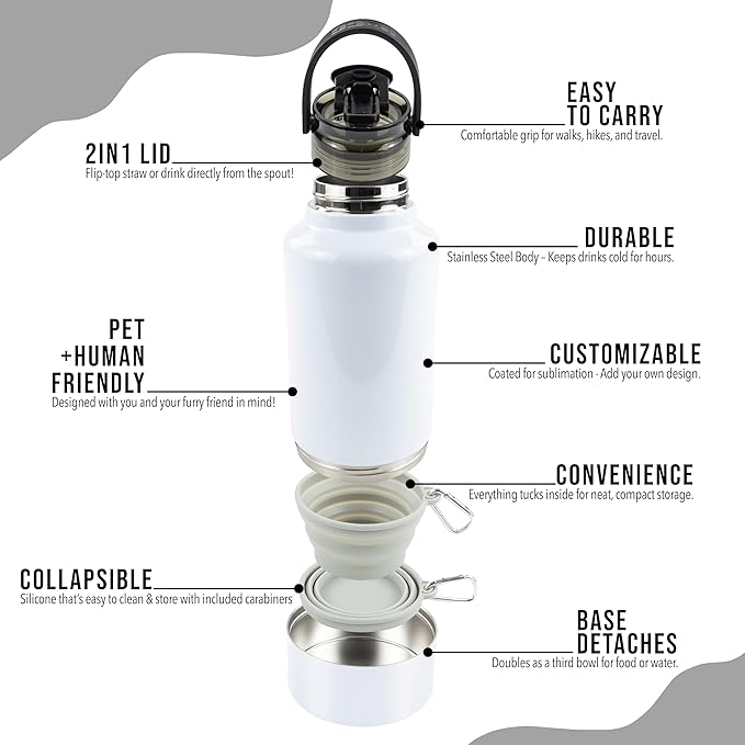 Hogg Hydro Hound, Sublimation Dog Water Bottle Bowl, Insulated Dog Water Bottle, 32 oz Insulated Stainless Steel Tumbler for Pets, Sublimation Pet Bowls - White
