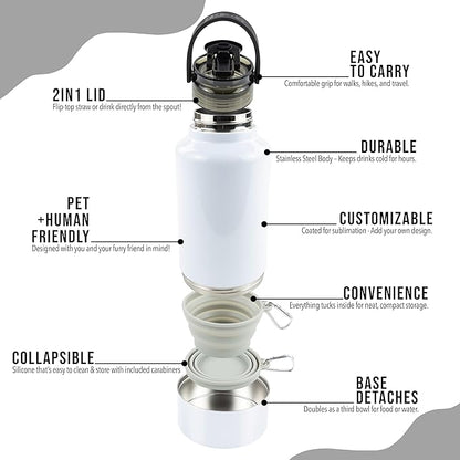 Hogg Hydro Hound, Sublimation Dog Water Bottle Bowl, Insulated Dog Water Bottle, 32 oz Insulated Stainless Steel Tumbler for Pets, Sublimation Pet Bowls - White