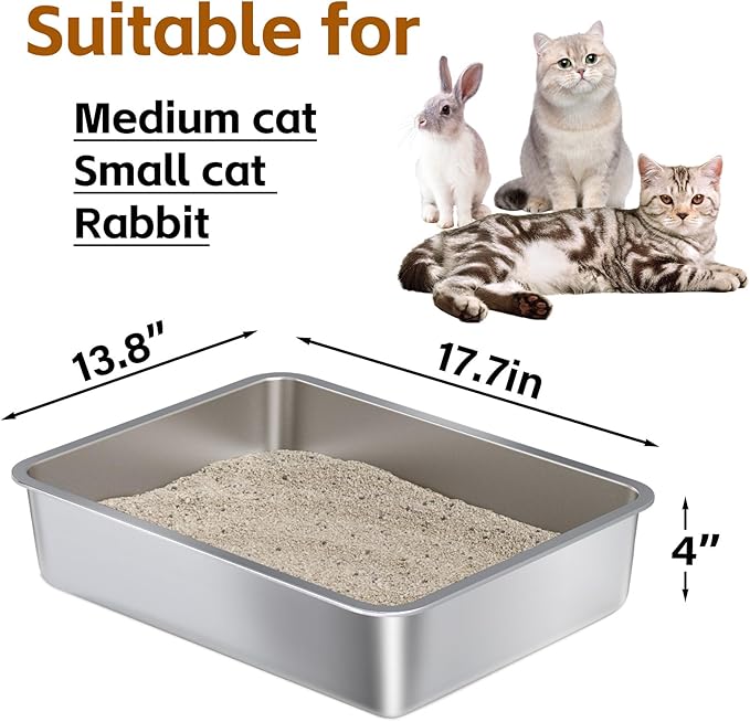 Stainless Steel Litter Box - Metal Cat Litter Box -4“ H Cat Litterbox Low Entry Pet Toilet Supplies for Kitty, Kitten, Rabbit, Puppy,No Stick Easy Clean-No Smell