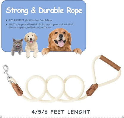 Mile High Life Leather Dog Leash, Heavy Duty Strong Genuine Leather Handle Rope Leash Soft and Comfortable for Small Medium Large Dogs (Cream White, 48 Inch)
