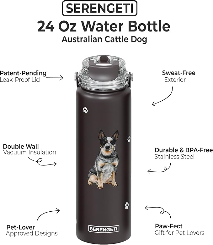 SERENGETI 24 Oz Water Bottle Stainless Steel with Spill Proof Lid - Double walled Vacuum Insulated water flask - Realistic 3D Print of your favorite dog (Australian Cattle Dog)