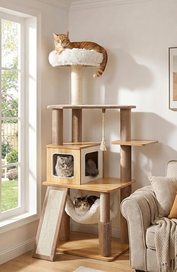 61" Modern Cat Tree Tower for Indoor Cats, Luxury Climbing Tower with Plush Lounge, Kitty Condos, Hammock & Scratching Posts, Classic cat Furniture