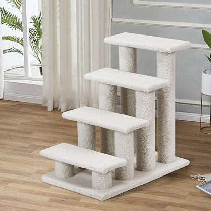 Tangkula Pet Stairs for Cats and Dogs, 4-Step Carpeted Ladder Ramp Cat Climber Cat Scratching Post, Multi-Step Dog Stairs for High Beds, Couch (Grayish White)