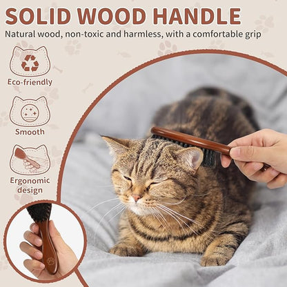 Wooden Cat Brush and Comb, Cat Hair Brush with Nautral Boar Bristle for Reduce Shedding and Keep Healty Shine, Daily Pet Grooming Tool for Dogs & Cats