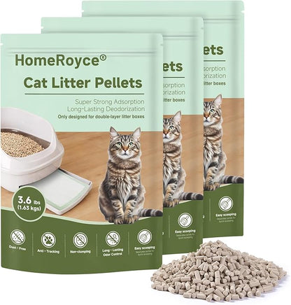 Cat Litter Pellets Exclusively for Double Layer Cat Litter Box, Super Odor Control Zeolite Litter, Non Clumping Cat Litter, Low-Tracking, Low Consumption, Unscented (3.6lb x 3)