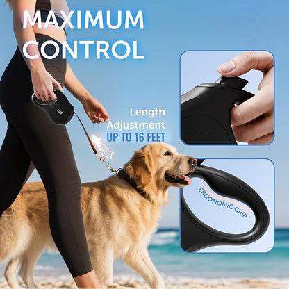TUG Quest Retractable Dog Leash | 360° Tangle-Free Retraction | 16 ft Strong Nylon Tape (Small, Black)