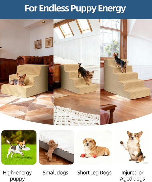 Vfrog Dog Stairs for Small Dogs,22" H,5-Step Dog Steps Ramp for Bed and Couch with High Density Foam,Non-Slip Pet Steps for Dogs and Cats,Pet Stairs with a Washable Cover,Khaki