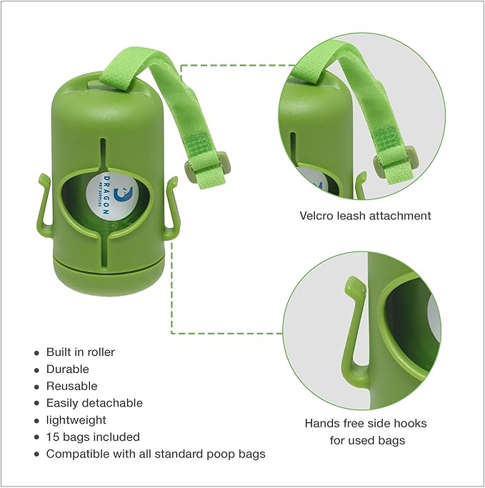DRAGON Waste Bags Durable Dispenser, Dog poop bags holder with Two Hooks on the side for Used Poop Bags, leash attachment strap and 15 Poop Bags (Pink)