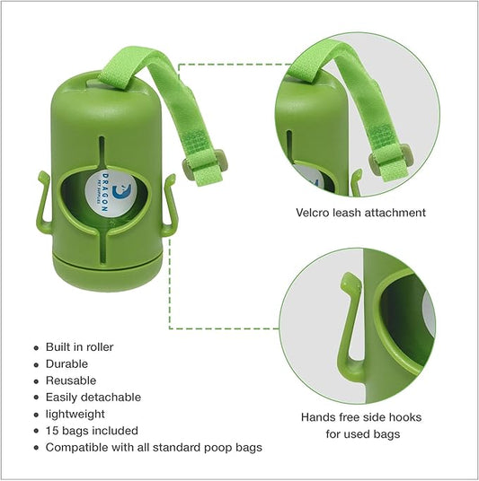 DRAGON Waste Bags Durable Dispenser, Dog poop bags holder with Two Hooks on the side for Used Poop Bags, leash attachment strap and 15 Poop Bags (Green)