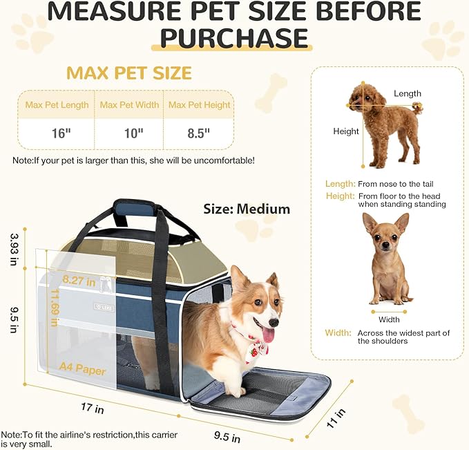 Lekereise Top-Expandable Pet Carrier 17x11x9.5 Inch Alaska Hawaiian Airline Approved Soft Sided Underseat to 12lbs Travel Carriers for Small Dogs and Cats with Locking Safety Zippers Anti-Scratch Mesh