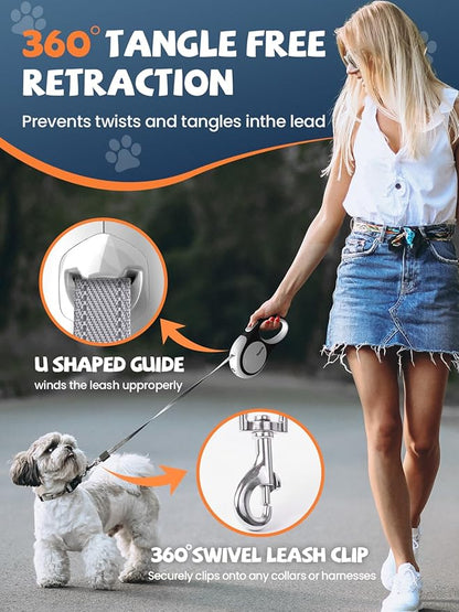 Retractable Dog Leash with LED Flashlight, Douexio Upgrade 3 in 1 Dog Leash Retractable for Small Medium Dogs Up to 66 lbs, Anti-Slip Handle (White)
