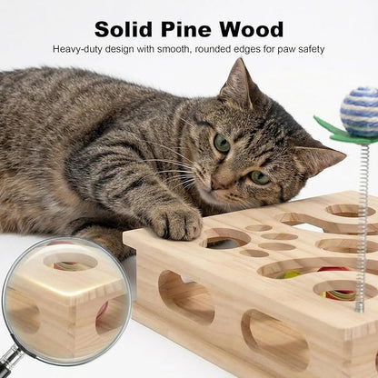 Pine Wooden Cat Puzzle Box, Interactive Maze & Scratch Enrichment Toy, Puzzle Toys for Indoor Cats with Sisal Wand, Silent & Bell Balls (Large)