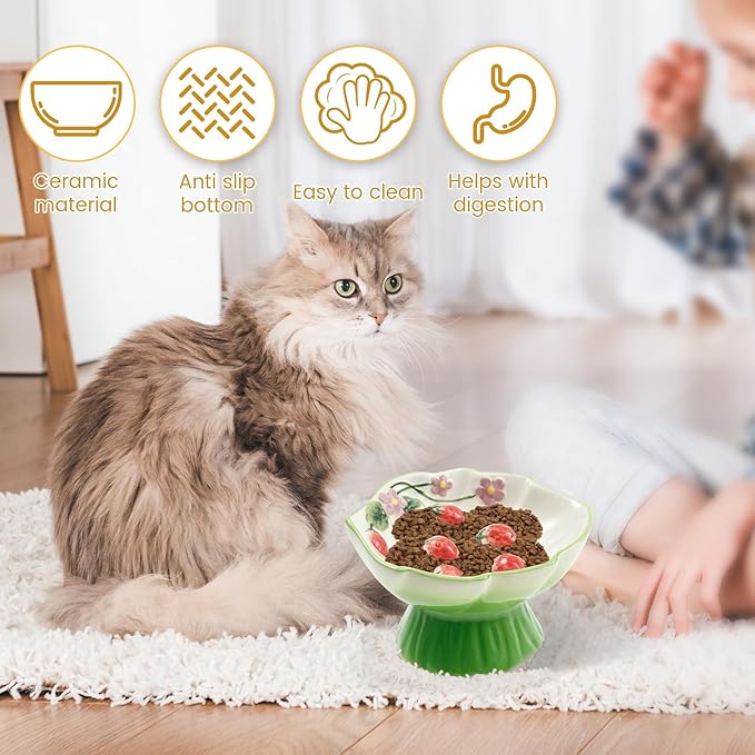 Ceramic Raised Slow Feeder Cat Bowl, Ceramic Elevated Small Cat Food Bowl, 15°Titled Food Bowls Small Dogs Slow Feeder, Strawberry Shaped Cute Pet Dish for Dry and Wet Foods(Green)