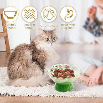 Ceramic Raised Slow Feeder Cat Bowl, Ceramic Elevated Small Cat Food Bowl, 15°Titled Food Bowls Small Dogs Slow Feeder, Strawberry Shaped Cute Pet Dish for Dry and Wet Foods(Green)